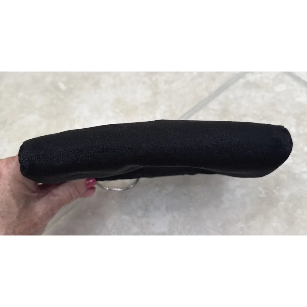 Vintage Black Twill Evening Clutch Bag Silver‎ Rose Clasp Snake Chain Strap
